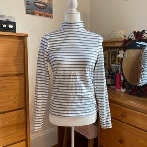 White and Black Striped Long Sleeve Turtleneck Mock Neck Top